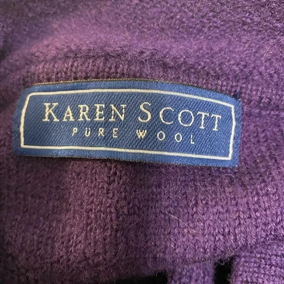 Karen Scott Pure Wool Purple sweater cardigan shoulder pads buttons Size L - Picture 7 of 13